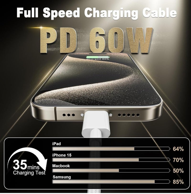 لوكاداه كابل شحن USB-C إلى USB-C لأجهزة آيفون 16، أبيض، شاحن سريع، طوله 6 أقدام، من النوع C إلى النوع C، سلك شاحن سريع، متوافق مع آيفون 15/16، 15/16 برو، 15/16 بلس، 15/16 برو ماكس، وماك بوك برو/إير، من النوع C، بقوة 60 واط - Image 4